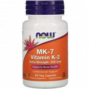 Now Foods, MK-7, витамин K-2, повышенная сила действия, 300 мкг, 60 растительных капсул