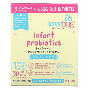 LoveBug Probiotics, Tiny Tummies, пробиотики и пребиотики для ежедневного приема, от 0 до 6 месяцев, 1 миллиард КОЕ, 30 отдельных порционных стиков по 1,5 г (0,05 унции)