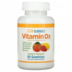 California Gold Nutrition, жевательный витамин D3, без желатина и глютена, со вкусом фруктов и ягод, 25 мкг (1000 МЕ), 90 жевательных таблеток