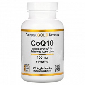 California Gold Nutrition, коэнзим Q10 класса USP с экстрактом BioPerine, 100 мг, 150 растительных капсул