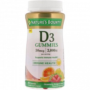 Nature's Bounty, жевательные таблетки с витамином D3, со вкусом клубники, апельсина и лимона, 25 мкг (1000 МЕ), 90 жевательных мармеладок
