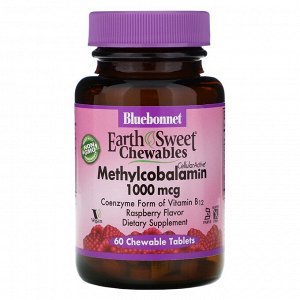 Bluebonnet Nutrition, EarthSweet, жевательные таблетки, метилкобаламин, натуральный малиновый вкус, 1000 мкг, 60 жевательных таблеток