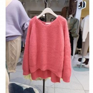 Женский пуловер, удлиненный сзади, цвет розовый