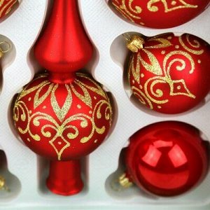 Елочная игрушка шар стеклянная "Вечерний" шар, с верхушкой 27,5см, ручная художественная роспись, подарочная упаковка, набор 8шт (Россия)