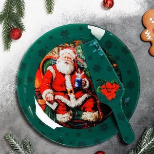 Тортовница с лопаткой Доляна «Счастливый Санта», d=30 см