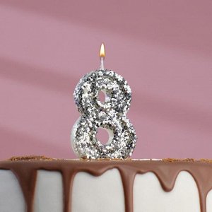 Свеча в торт «Блестки», цифра "8", серебро, 6.5х4
