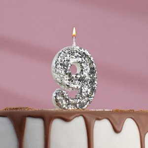 Свеча в торт «Блестки», цифра "9", серебро, 6.5х4