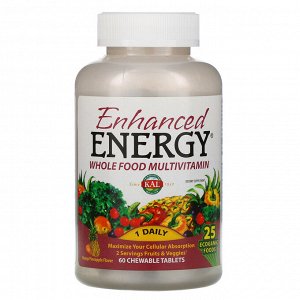 KAL, Enhanced Energy, мультивитамины из цельных продуктов, со вкусом манго и ананаса, 60 жевательных таблеток