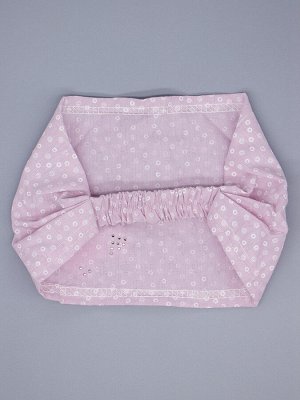 Косынка для девочки на резинке, мелкий горошек, сбоку ажурный розовый бантик с бусинами, сиреневый