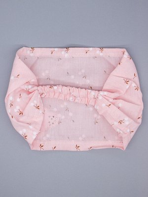 Косынка для девочки на резинке, вишенки, сбоку ажурный розовый бантик с бусинами, персиковый