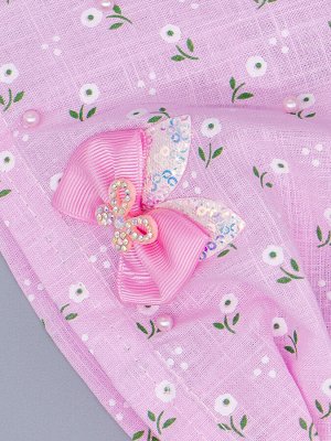 Косынка для девочки на резинке, цветочки, бусинки, сбоку розовый бантик, розовый
