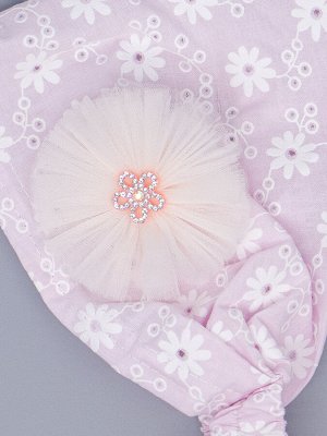 Косынка для девочки на резинке, белые цветочки, сбоку бант из фатина, розовый цветок, светло-розовый
