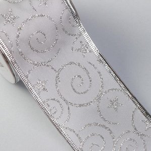 Лента атласная с металлической нитью «Узоры со звездой», 60 мм, 9 ± 0,5 м, цвет белый/серебряный