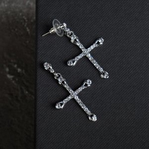 Серьги со стразами «Крестики» вставки, цвет белый в серебре
