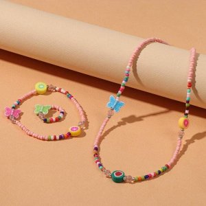 Набор 3 предмета: колье, браслет, кольцо "Бисер" фрукты и бабочки, цвет персиковый
