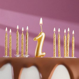 Набор свечей для торта (2 в 1) золотая Цифра "1" + Свечи "С Днём Рождения" золотые 10 шт