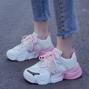 Женские кроссовки, принт "надпись", цвет белый/розовый
