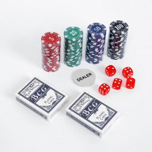 Покер в металлическом кейсе (2 колоды, фишки 100 шт с  номиналом, 5 кубиков), 20 х 20 см