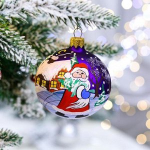 Ёлочная игрушка Шар "Дед Мороз везёт подарки", 80 мм, стекло, ручная роспись