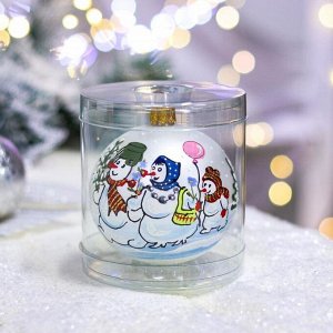 Ёлочная игрушка Шар "Семья снеговиков", 80 мм, стекло, ручная роспись