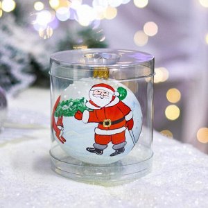 Ёлочная игрушка Шар "Дед Мороз с санками", 80 мм, стекло, ручная роспись