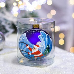 Ёлочная игрушка Шар "Дед Мороз с оленями", 80 мм, стекло, ручная роспись