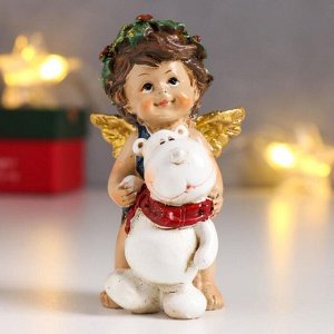 Сувенир полистоун "Ангел-малыш с рождественским венком, с медвежонком" 10,2х5,7х5 см