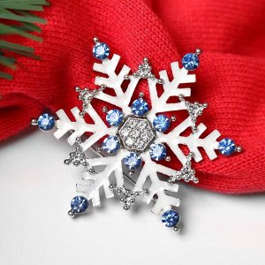 Брошь новогодняя "Снежинка" большая, цвет бело-синий в серебре