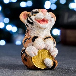 Фигура "Счастливый тигр с монетой" рыжий, 4,5х4,5х7см