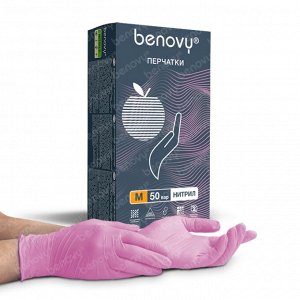 BENOVY Nitrile MultiColor, перчатки нитриловые, розовые, M, 50 пар в упаковке