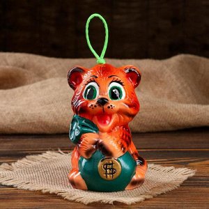 Колокольчик "Тигр с мешком", символ года 2022, цвет оранжевый, глянец, керамика, 14 см, микс