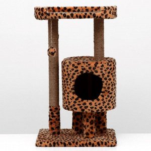Домик-когтеточка "Круглый с площадкой", 52 х 52 х 95 см, джут, леопард