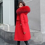 Женская зимняя парка, шнуровка на поясе, застежка-молния на карманах, цвет красный