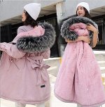 Женская зимняя парка, с карманами на молнии, с поясом, цвет розовый