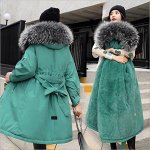 Женская зимняя парка, с карманами на молнии, с поясом, цвет зеленый