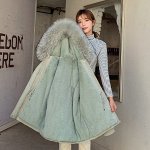 Женская зимняя парка, шнуровка на поясе, цвет зеленый