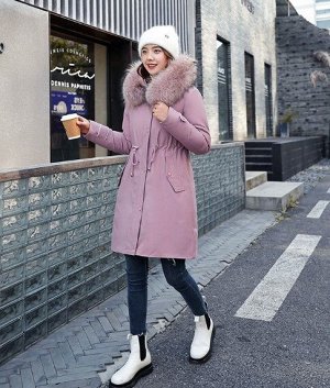 Женская зимняя куртка, пояс на шнуровке, с декоративной застежкой на манжете, цвет розовый