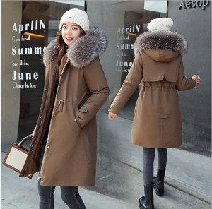 Женская зимняя куртка, пояс на шнуровке, с декоративной застежкой на манжете, цвет коричневый