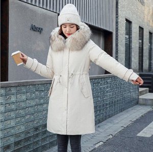 Женская зимняя куртка, пояс на шнуровке, с декоративной застежкой на манжете, цвет молочный