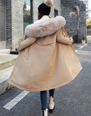 Женская зимняя куртка, с подкладом, шнуровка на талии, цвет хаки