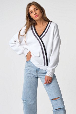 Пуловер вязаный оверсайз со спущенным плечом из хлопка белый