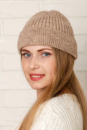 Шапка шапка (54-58) осень, светло-коричневый, однослойная с подворотом -  шерсть 50%  - акрил  50%