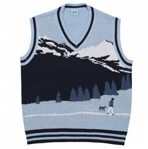 Мужской трикотажный жилет, принт "Человек и собака на фоне гор", цвет голубой