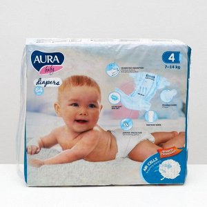 Подгузники одноразовые для детей Aura Baby 4/L 7-14 кг mega-pack 64шт
