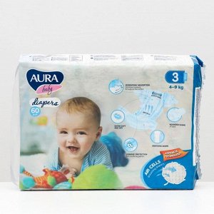 Подгузники одноразовые для детей Aura Baby 3/M 4-9 кг mega-pack 60шт КК/2