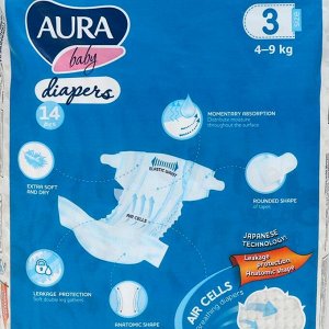 Подгузники одноразовые для детей Aura Baby 3/M 4-9 кг small-pack 14шт
