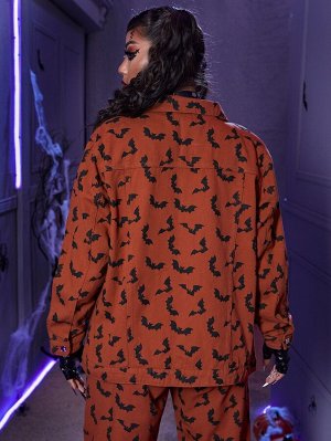 Размера плюс Джинсовая куртка на хэллоуин с принтом "летучая мышь" бахромой с заклепками