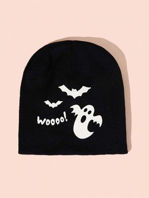 Вязаная шапка с принтом летучей мыши и призрака на хэллоуин