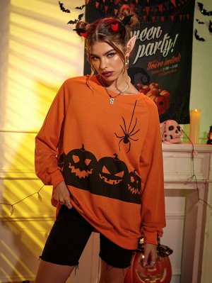 Пуловер на хэллоуин тыква и паук принтом с рукавом-реглан
