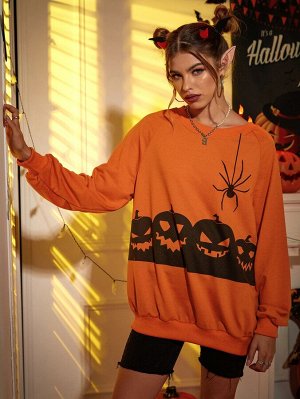 Пуловер на хэллоуин тыква и паук принтом с рукавом-реглан